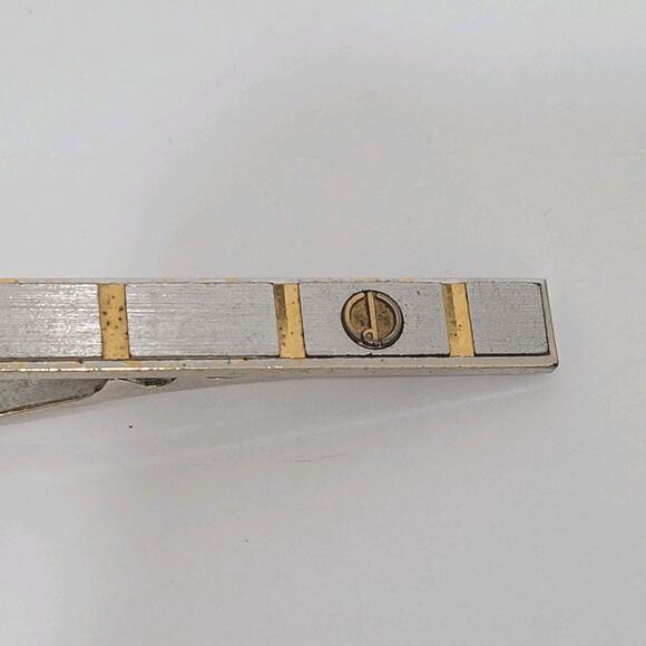 Dunhill Vintage Two Tone Tie Clasp Clip Bar Silver Gold Retro Logo Striped - Picture 2 of 7